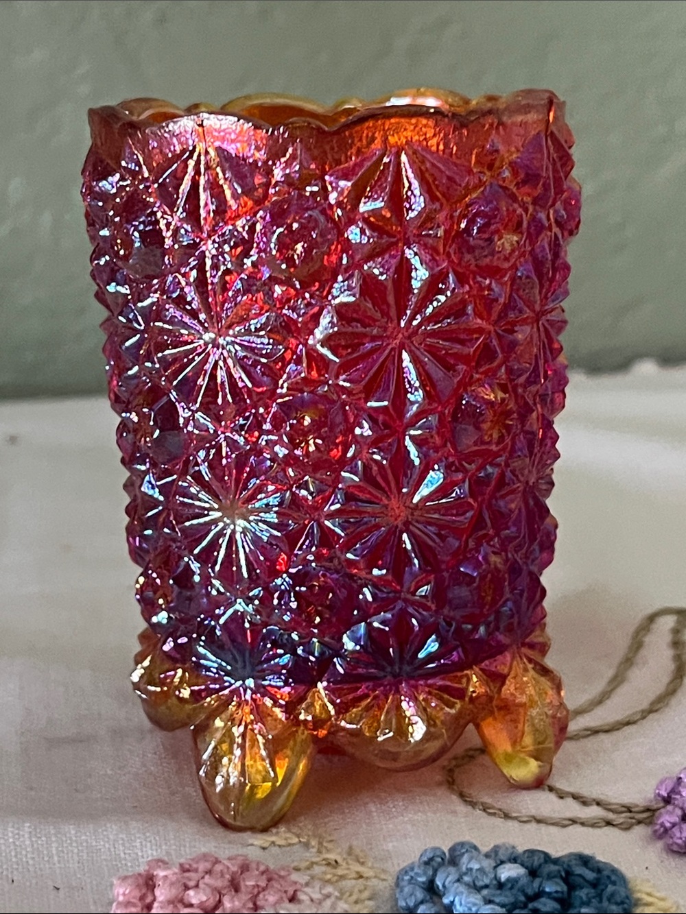 Vintage Ruby Red Carnival Glass Toothpick Holder Daisy & Button Footed